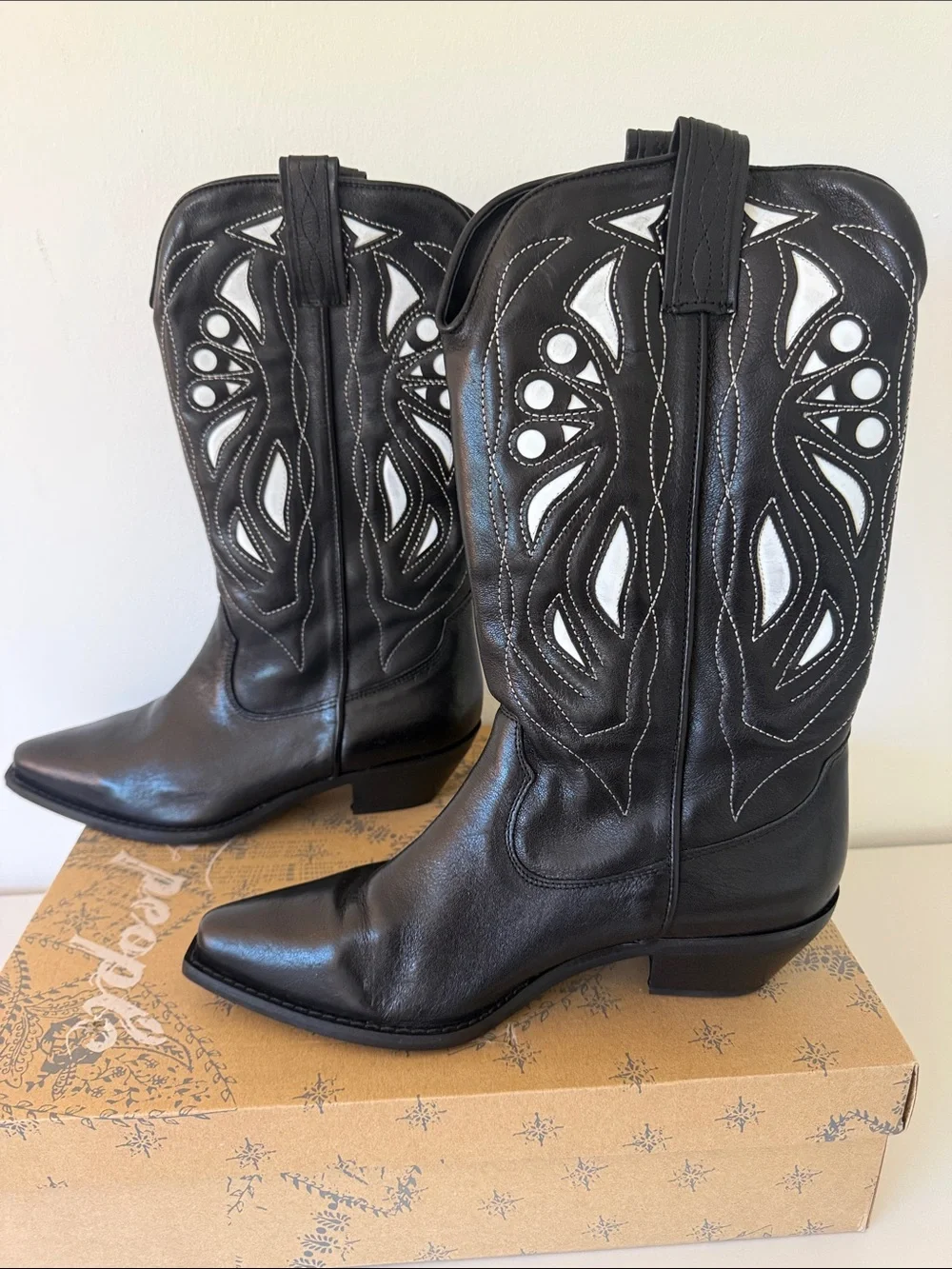 Free People Black Western Knee-High Leather Boots
